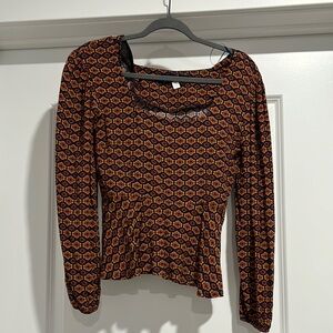 Navy base multi colored patterned Peplum Blouse with Long Sleeves